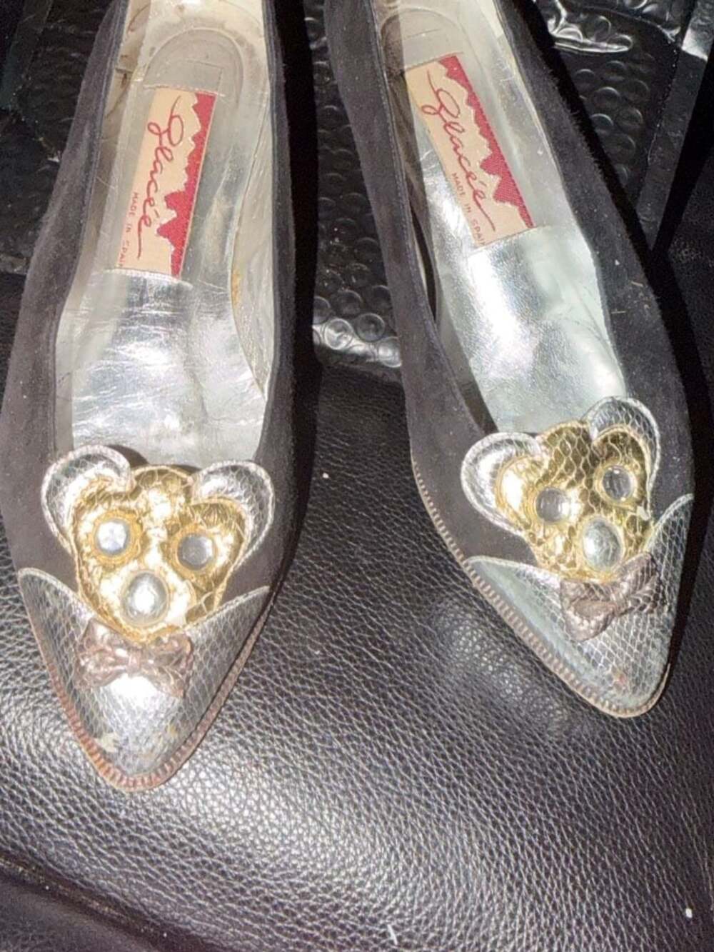 Vintage Rare Women's Glacee Leather Bowtie Bear Slipon Flat 5.5 METALLIC Spain